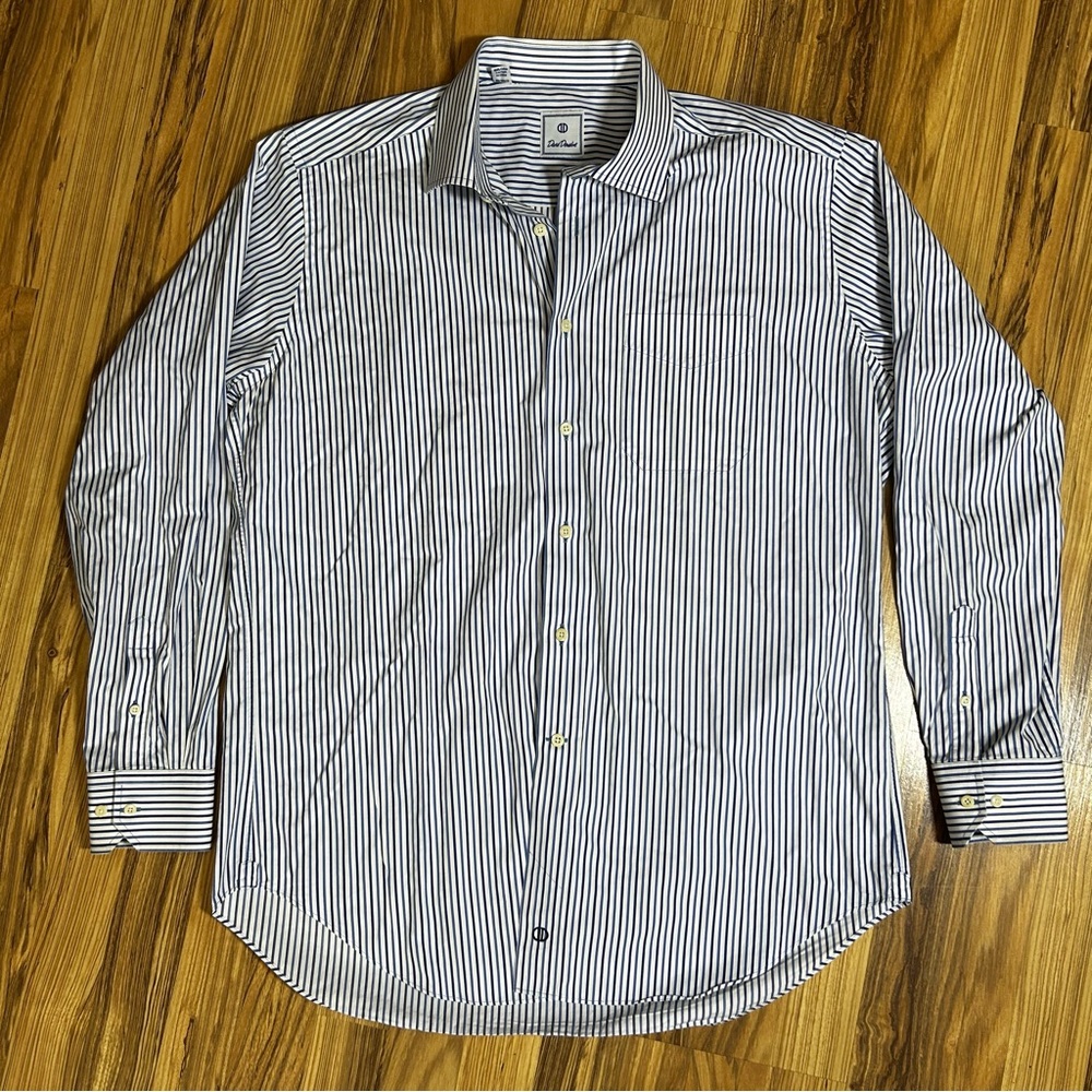 David Donahue Mens Dress Shirt Button Up Long Sleeve Blue White Stripes Size XL